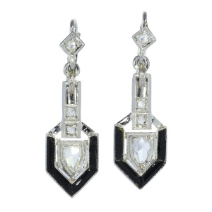 Art Deco Diamond and Onyx Earrings with Pear Shaped Diamond Drops